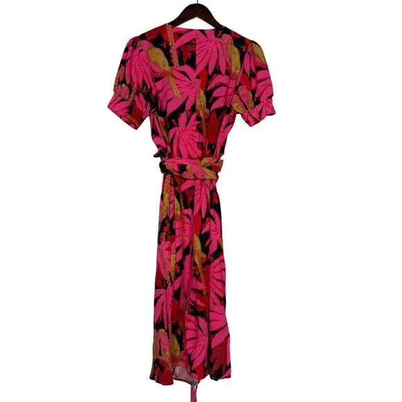 NWT J. Crew Tropical Palm Print Faux Tie Wrap Midi Dress V Neck Zip Up 6 Pink - Picture 6 of 16